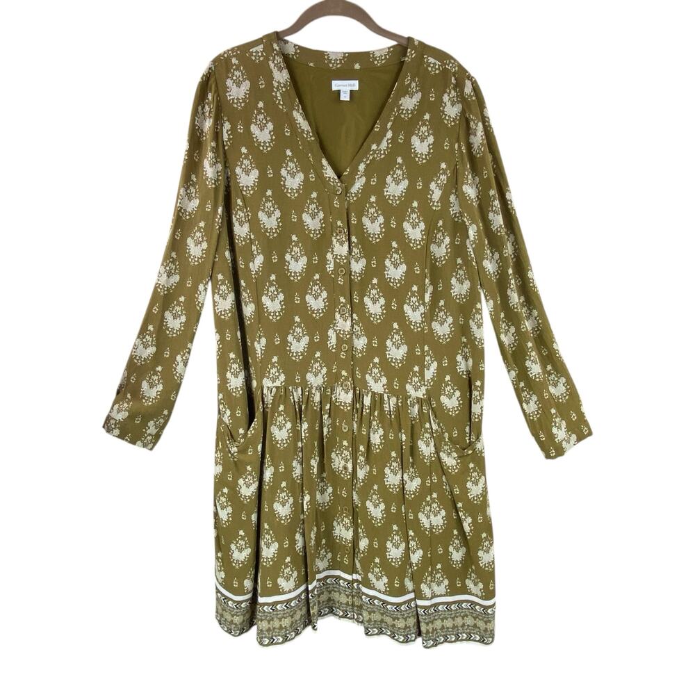Garnet Hill Floral Olive Green Drop Waist Dress Size 10 Boho